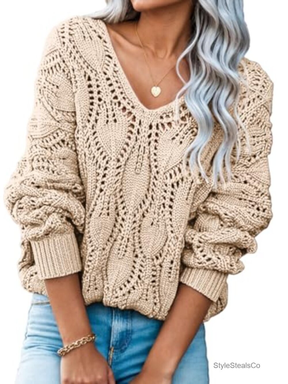 Women's Crochet Hollow Out V Neck Pullover Sweater Loose Knit Winter Top